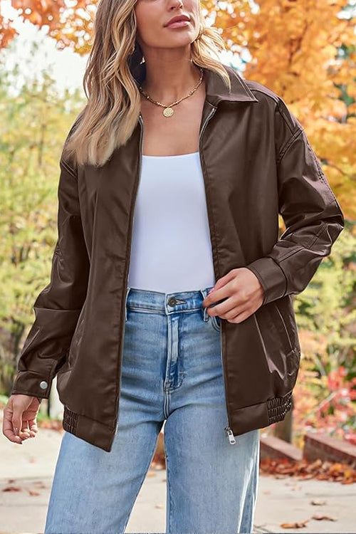 Margovil Lapel Zip Up Faux Leather Pocketed Jacket