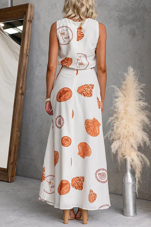 Sleeveless Crop Top Tie Knot Waist Maxi Skirt Shell Print Set