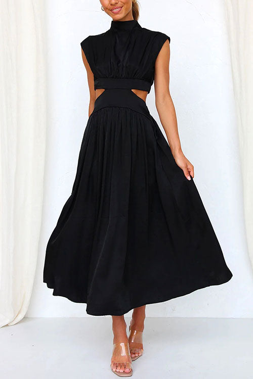 Margovil Mockneck Cut Out Waist Pockets Swing Dress