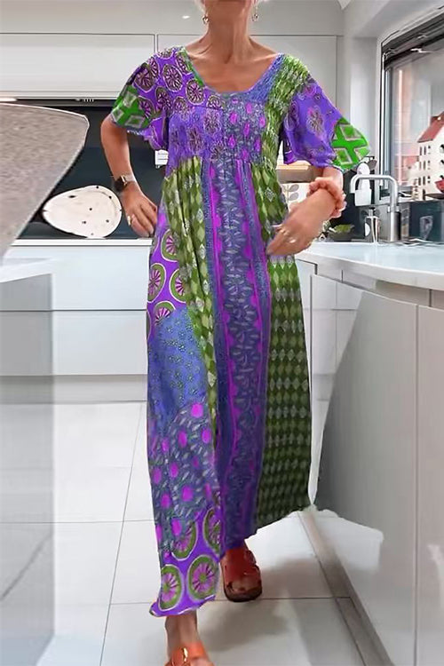 Margovil Round Neck Short Sleeves Printed Maxi Dress
