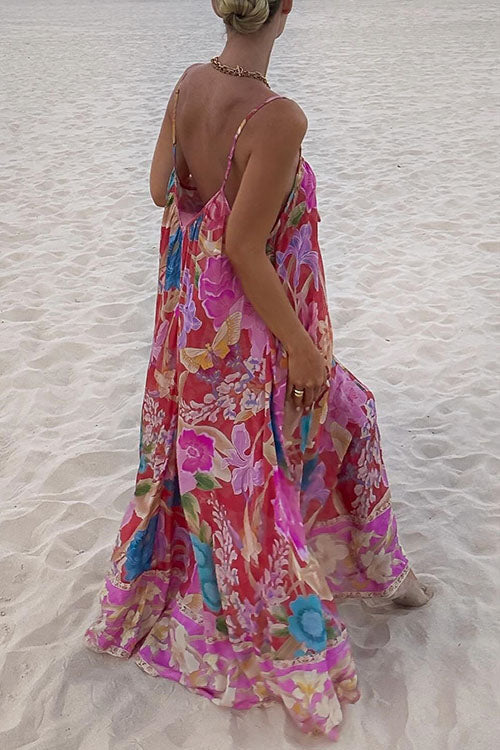 Margovil V Neck Spaghetti Strap Backless Floral Print Maxi Vacation Dress