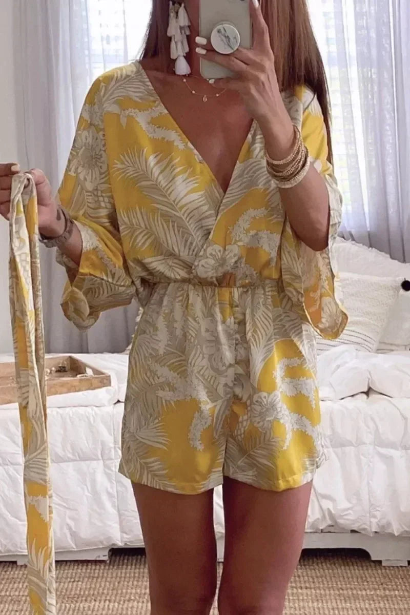 Margovil  Wrap V Neck Tie Knot Leaf Print Batwing Romper