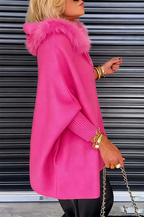 Margovil Dolman Sleeves Zipper Up Pocketed Jacket with Faux Fur Hood