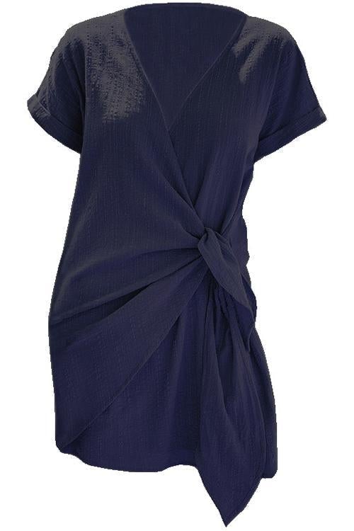 Margovil Solid Cross V Neck Tie Wrap Dress