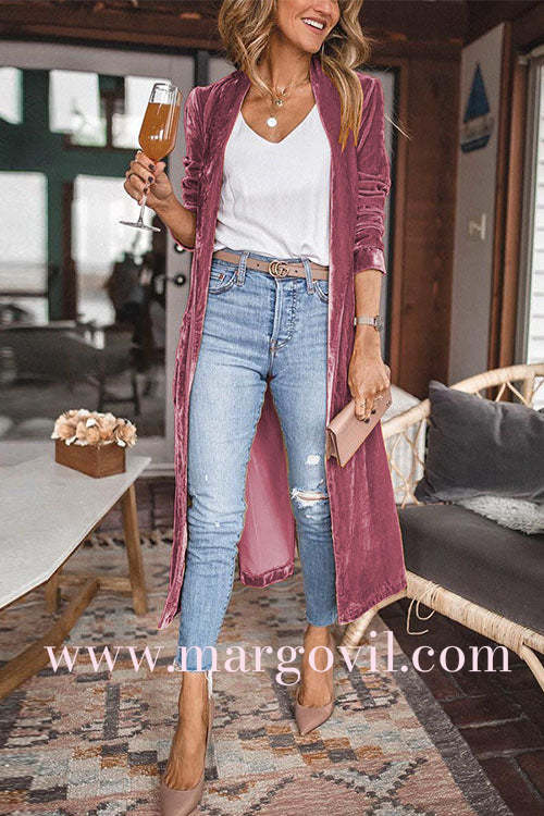 Margovil Stylish Open Front Long Sleeve Velvet Long Coat