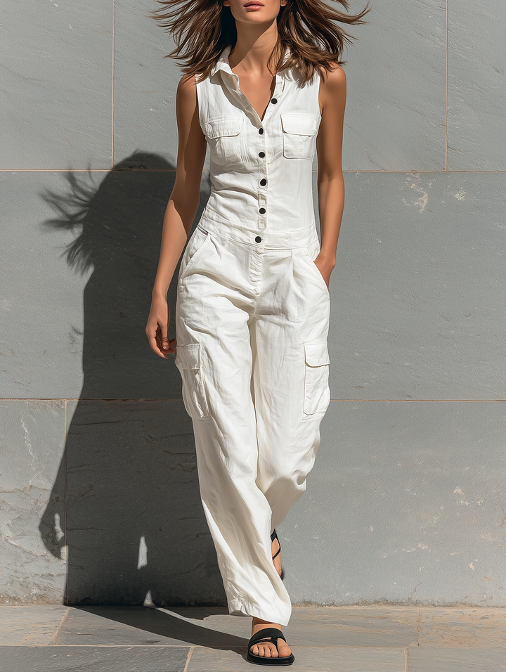 Women's Minimalist Cotton Blend Single-breasted Sleeveless Jumpsuit MDZ1304A4Y