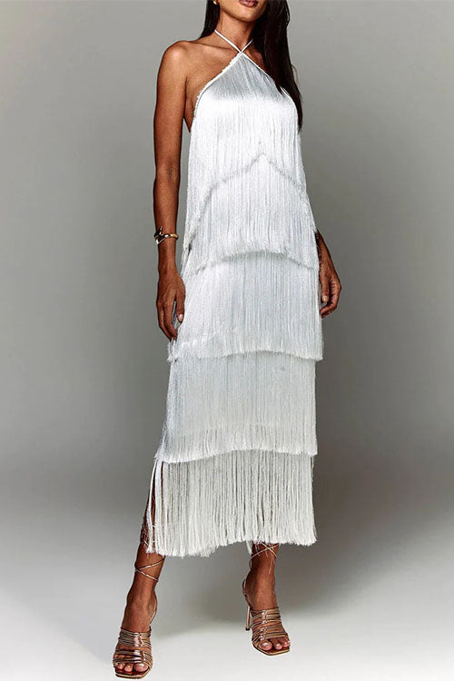 Margovil Chicest Halter Ruffle Layered Fringe Maxi Party Dress
