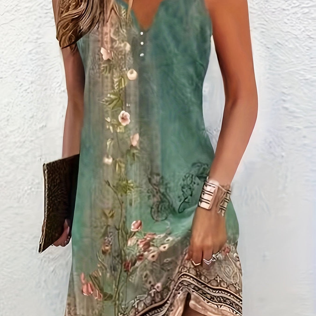 Vivara | Floral Print V-Neck Form-Fitting Stretch Maxi Dress