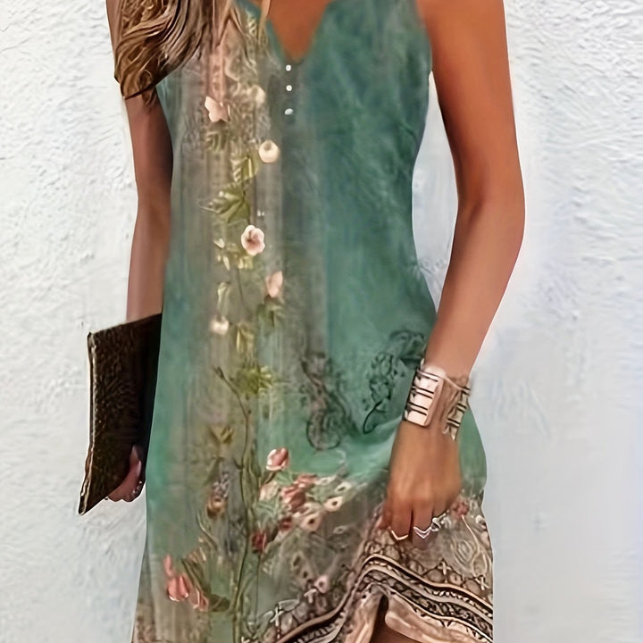 Vivara | Floral Print V-Neck Form-Fitting Stretch Maxi Dress