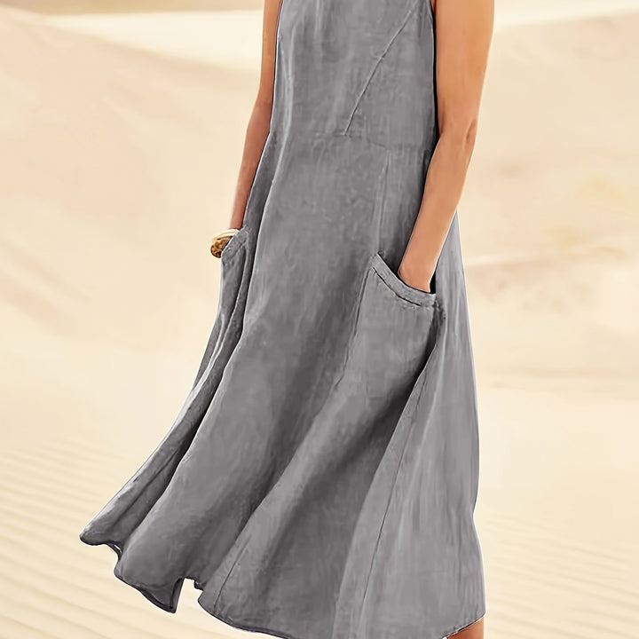 Pockette | Sleeveless A-Line Round Neck Pocket Midi Dress