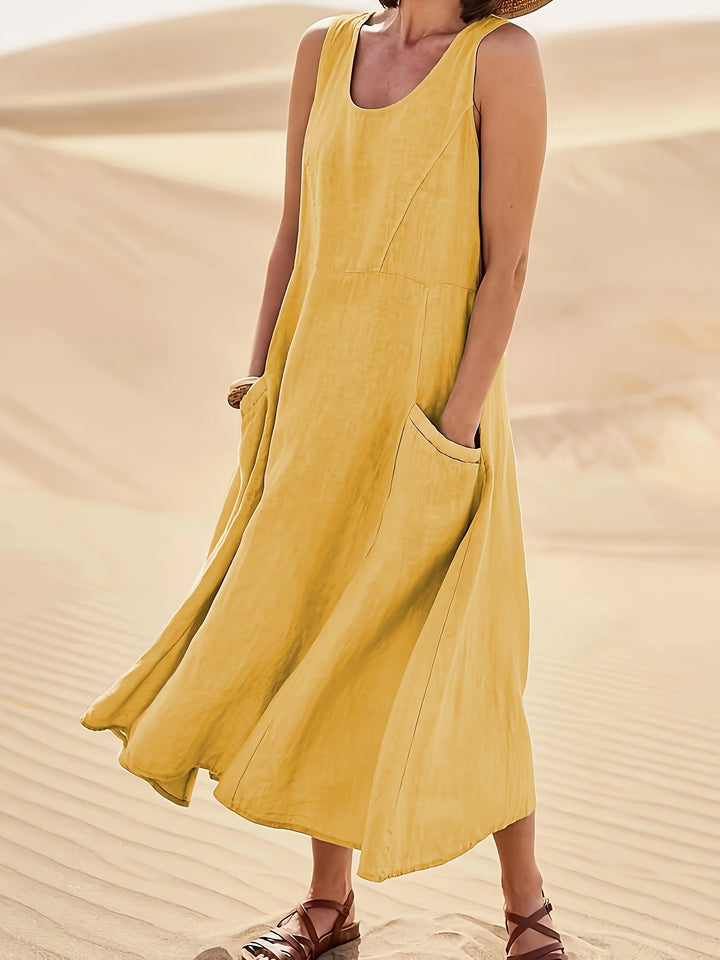 Pockette | Sleeveless A-Line Round Neck Pocket Midi Dress