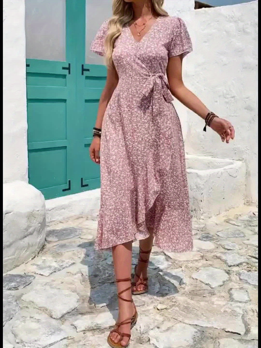 Elegara | V-Neck Short Sleeve Midi Dress