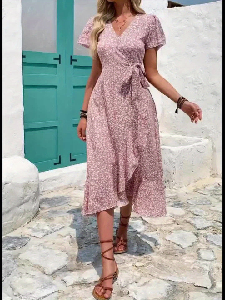 Elegara | V-Neck Short Sleeve Midi Dress