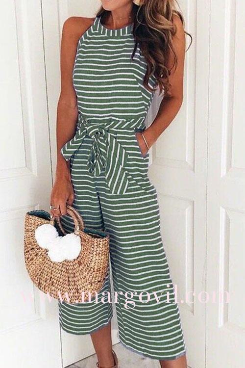 Margovil Sleeveless Knot Waist Wide Leg Striped Jumpsuit
