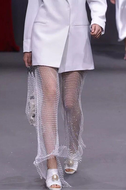 Margovil Rhinestone Hollow Out Fishnet Slit Pants