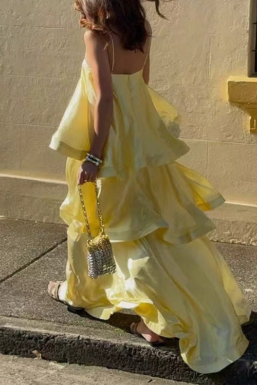 Margovil Adjustable Strap Ruffle Layered Satin Maxi Dress