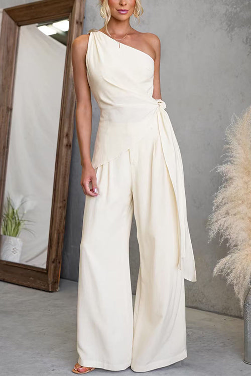 One Shoulder Sleeveless Tie Knot Top High Rise Wide Leg Pants Set