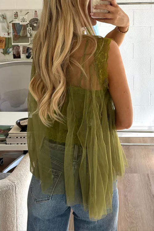 Solid Mockneck Tulle Cover Up Top with Crop Lace Camisole