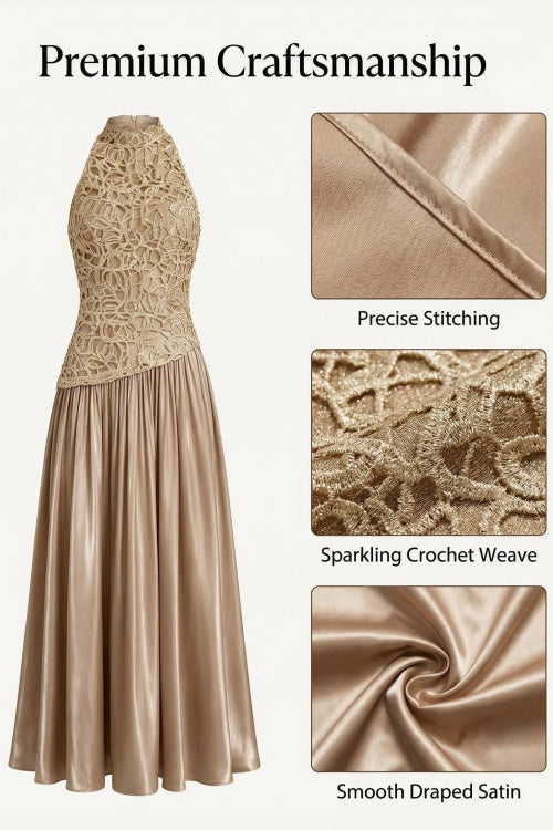 Mockneck Sleeveless Lace Splice Satin Maxi Dress