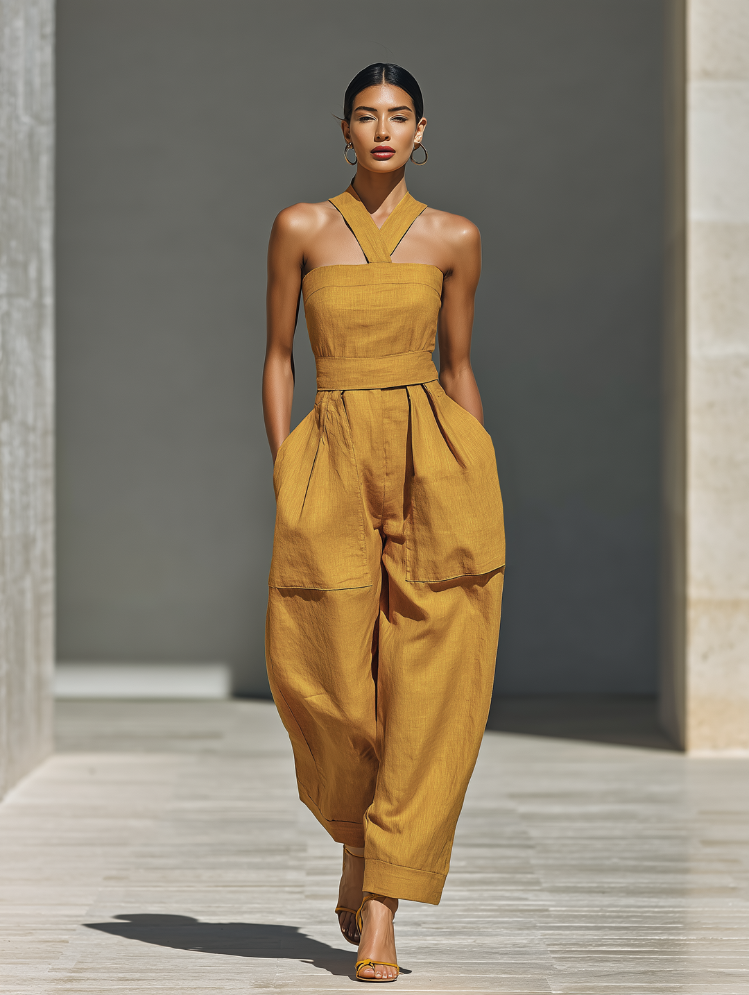 Women's Mustard Yellow Linen-Blend Jumpsuit With Crisscross Neckline & Relaxed Trousers MDZ2808B6T