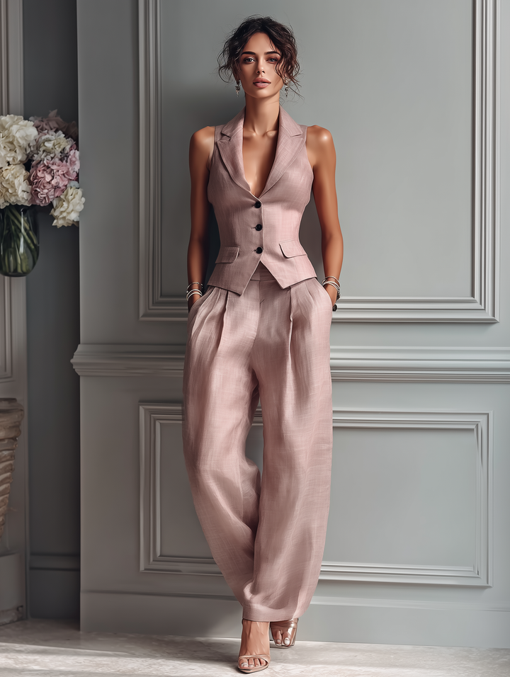 Women's Blush Pink Linen Fabric Sleeveless Vest & Wide-Leg Pants Two-Piece Set With Lapel Collar MDZ3005A5T