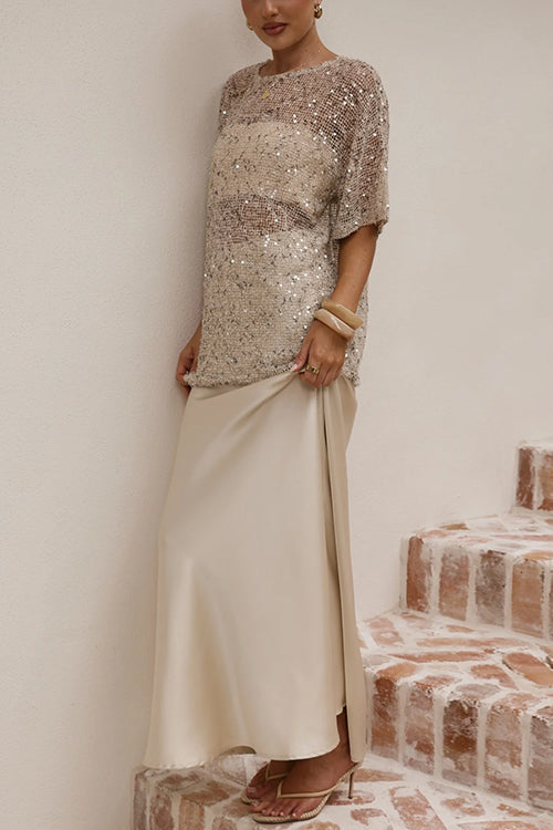 Crewneck Half Sleeves Crochet Hollow Out Sequin Top