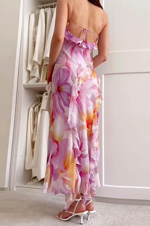 Margovil V Neck Backless Ruffle Trim Slit Floral Print Maxi Cami Dress