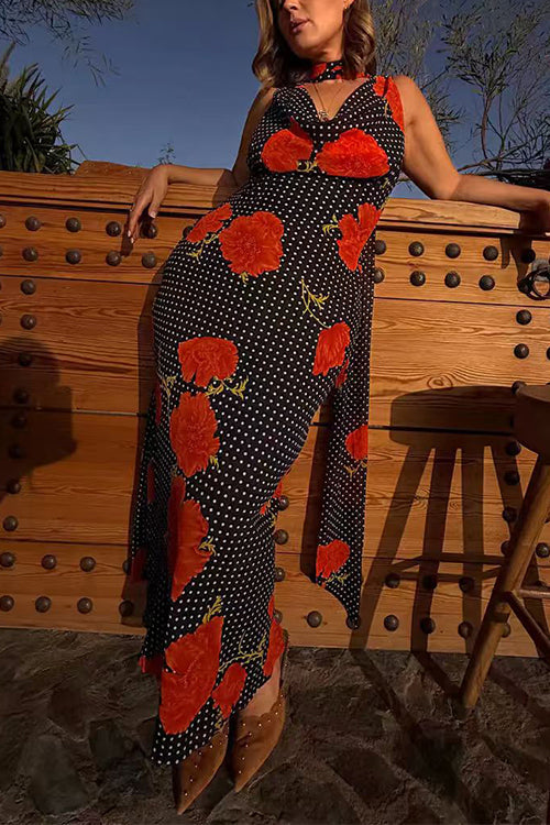 Margovil Cowl Neck Backless Floral Print Maxi Dress with Scarf