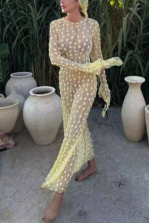 Crewneck Bell Long Sleeves Polka Dot Tulle Cover Up Maxi Dress