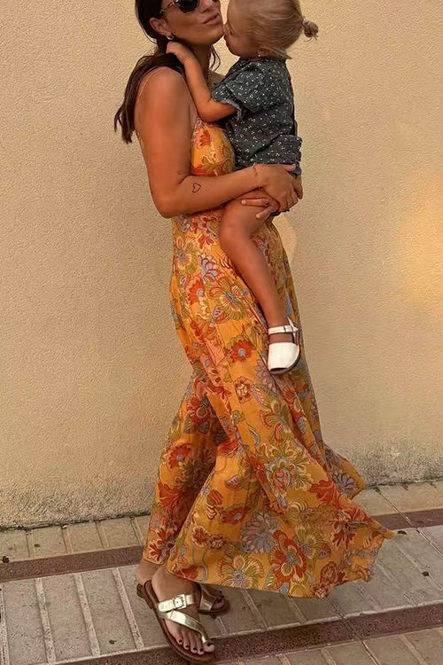 Margovil Spaghetti Strap Floral Print Chiffon Maxi Dress