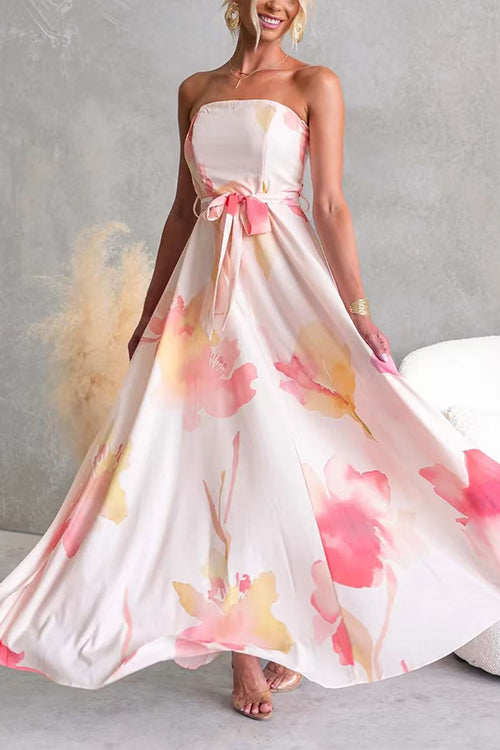 Strapless Tube Tie Waist Floral Print Maxi Dress