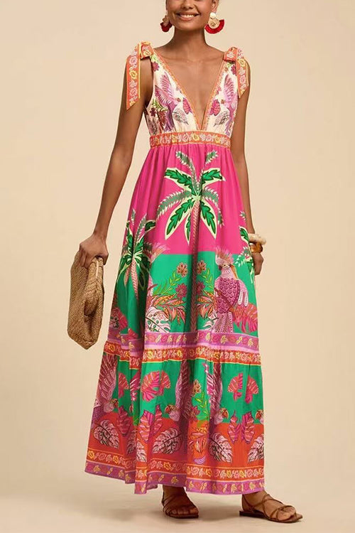 Margovil Bow Shoulder V Neck Sleeveless Printed Maxi Vacation Dress