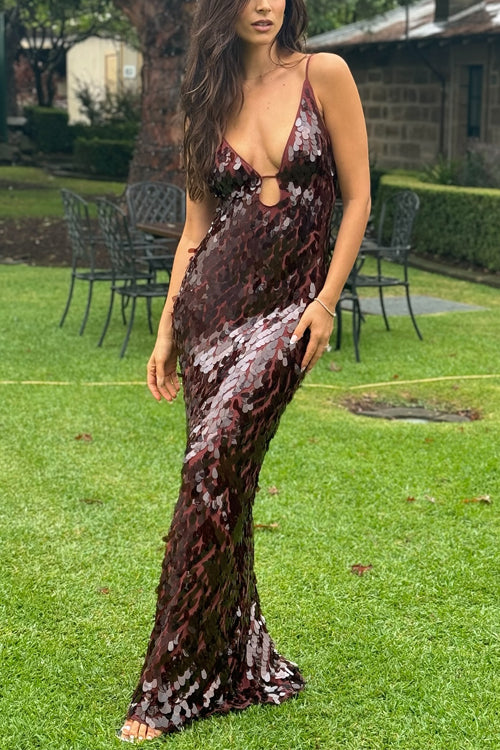Margovil V Neck Cut Out Sequin Bodycon Maxi Cami Party Dress