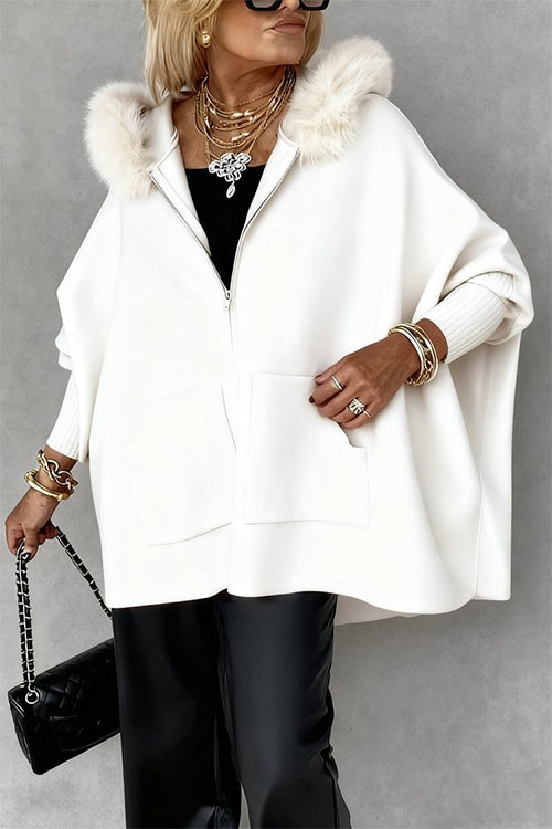 Margovil Dolman Sleeves Zipper Up Pocketed Jacket with Faux Fur Hood