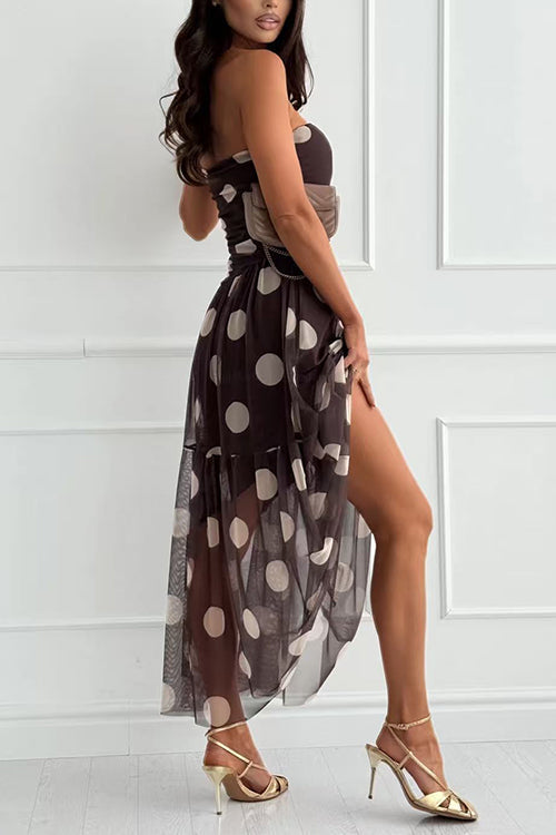 Margovil Strapless Polka Dot Mesh Ruffle Hem Maxi Dress