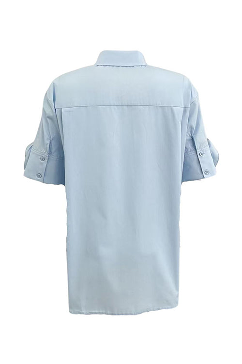 Lapel Short Sleeves Button Up Flower Detail Shirt