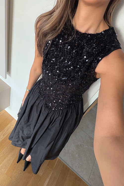 Margovil Crewneck Sleeveless Glitter Sequin Splice Maxi Dress