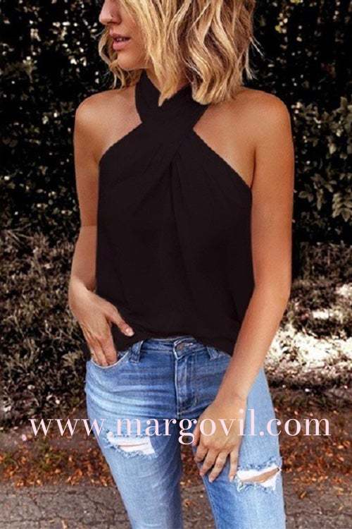 Margovil Criss Cross Halter Solid Sleeveless Top