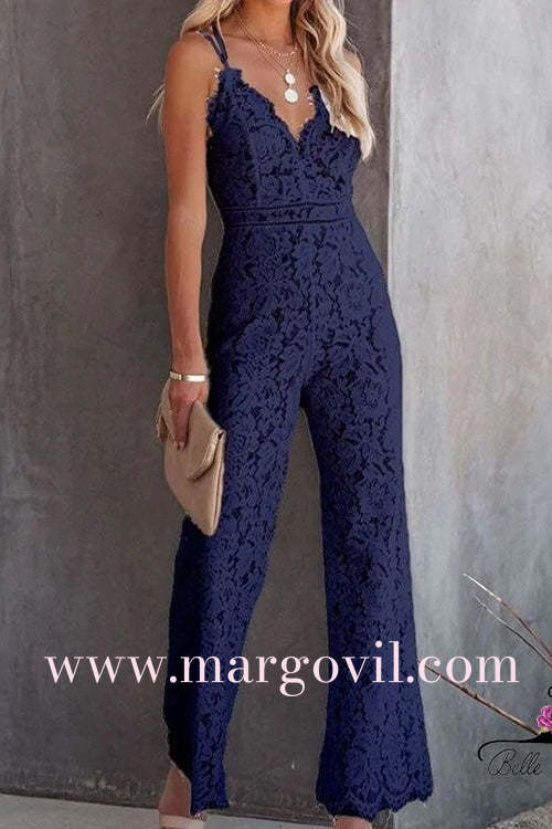 Margovil V Neck Waisted Wide Leg Cami Lace Jumpsuit
