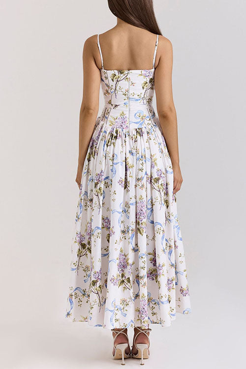 Margovil Spaghetti Strap Floral Print Bustier A-line Maxi Dress