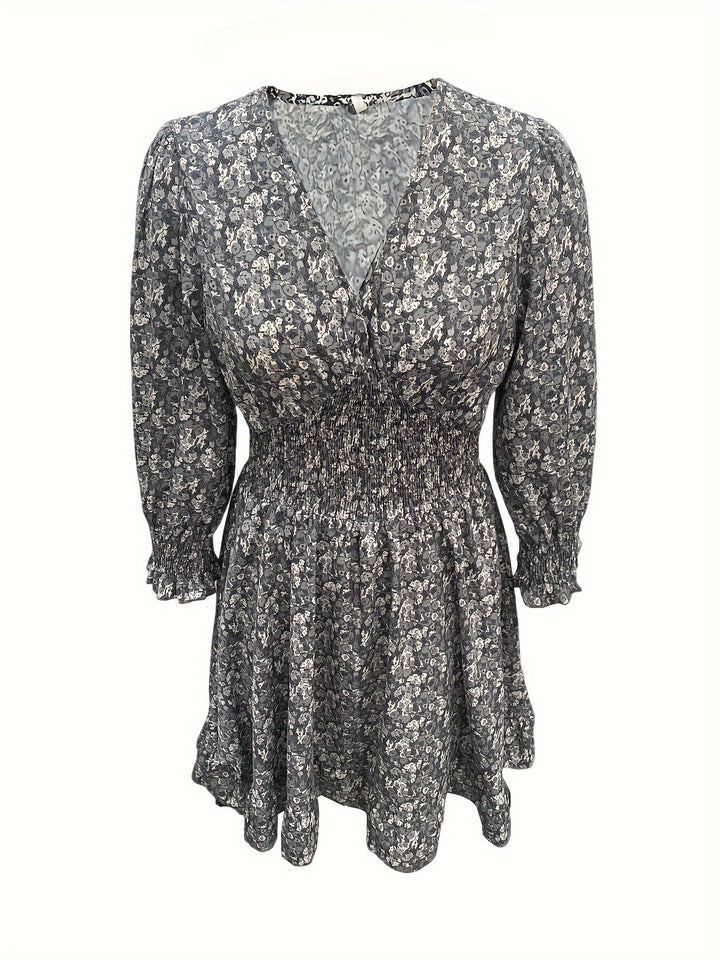 Boharra | Floral V-Neck Flutter Sleeve Shirred Tent Knee-Length Dress