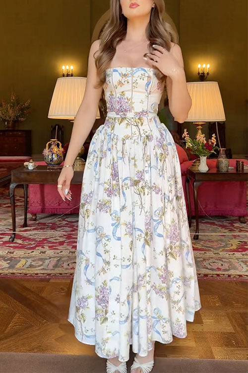 Margovil Spaghetti Strap Floral Print Bustier A-line Maxi Dress