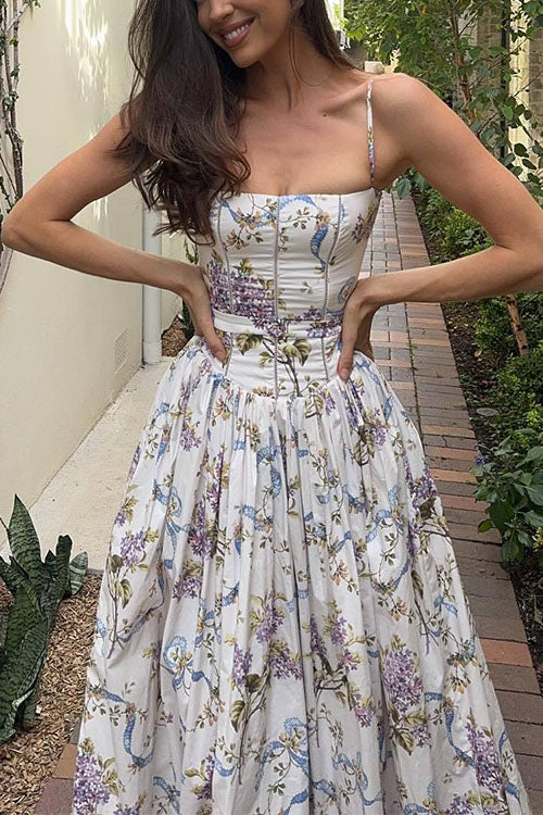 Margovil Spaghetti Strap Floral Print Bustier A-line Maxi Dress