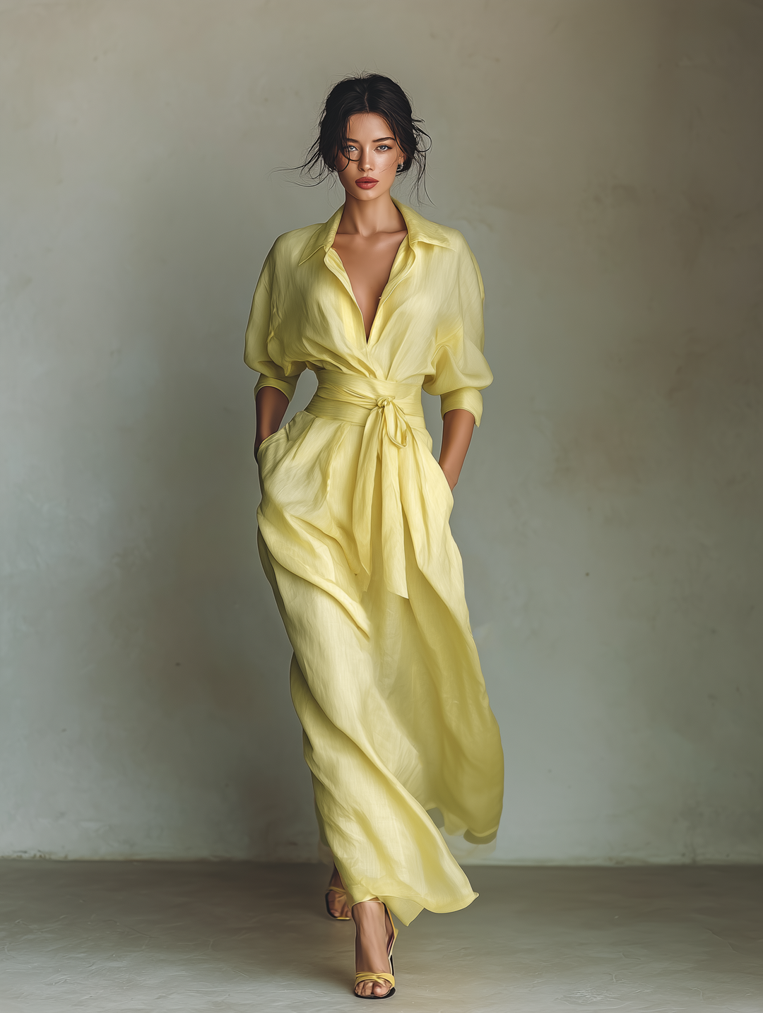 Women's Lemon Yellow Cotton And Linen Blend Maxi Shirt Dress With Tie Waist & Half Sleeves MDZ2884A4T