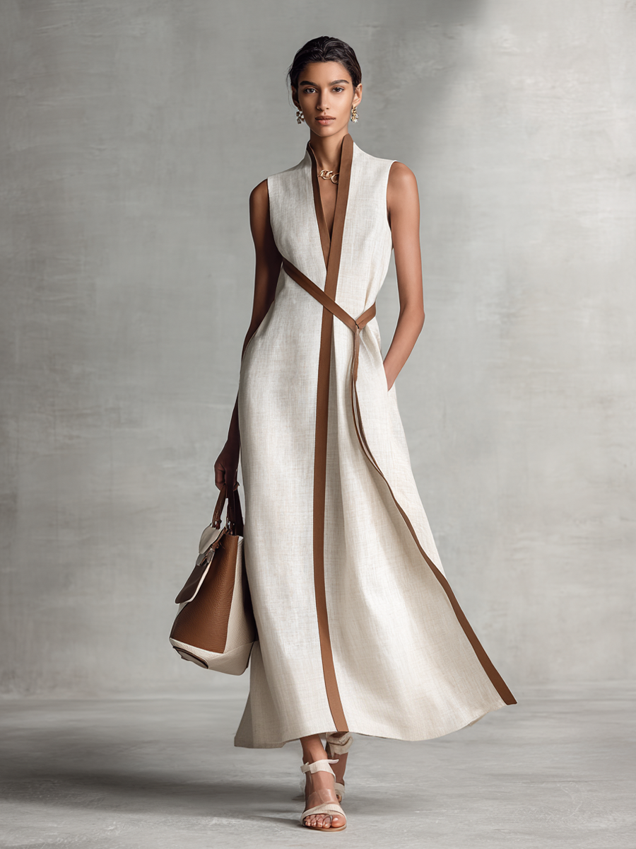 Women's Sleeveless V-Neck Tie-Waist Cotton Linen Maxi Dress MDZ1153B7BA