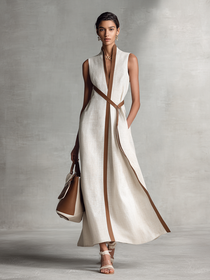 Women's Sleeveless V-Neck Tie-Waist Cotton Linen Maxi Dress MDZ1153B7BA