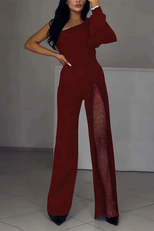 Margovil One Shoulder Long Sleeve Patchwork Wide Leg Jumpsuit