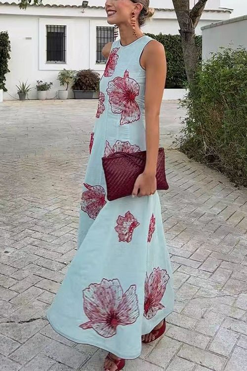 Crewneck Sleeveless Floral Print Maxi Dress