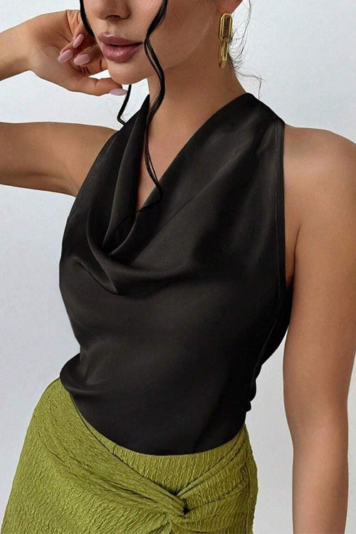 Margovil Cowl Neck Sleeveless Bow Back Satin Top