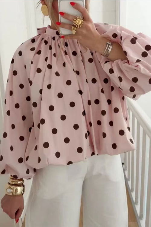 Lantern Long Sleeves Bow Back Slit Polka Dot Top
